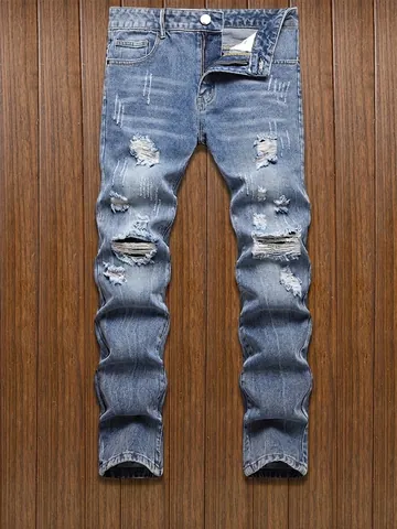 Heren Ripped Jeans Distressed Lichtblauw Straight Fit Katoenmix Denim Broek Streetwear Multi Pocket Gewassen Mode Onderkant
