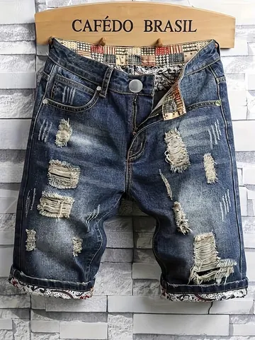 Short en Jean Délavé pour Hommes Bleu Marine Vintage Déchiré avec Doublure Cachemire Été Décontracté Bas pour Hommes