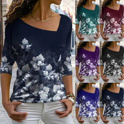 Dames Mode Asymmetrische Hals Bloemenprint Top Casual Driekwart Mouw Zacht Slim T-shirt Voor Lente Herfst