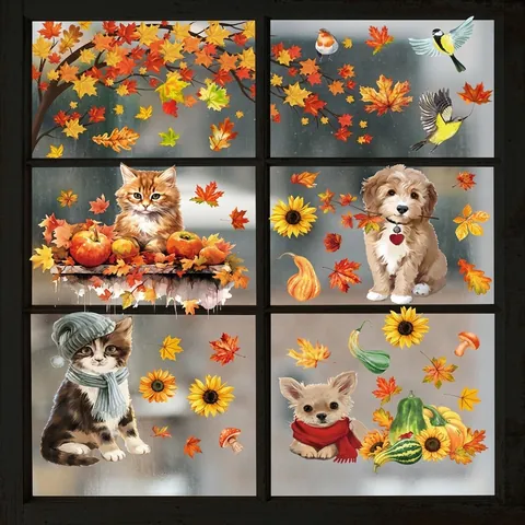 Fall Window Clings Static PVC Double Sided Thanksgiving Cartoon Pets Cats Dogs Maple Leaves Pumpkin Harvest Home Decor