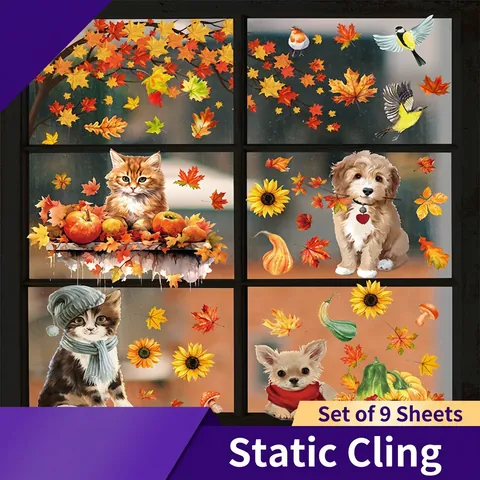 Fall Window Clings Static PVC Double Sided Thanksgiving Cartoon Pets Cats Dogs Maple Leaves Pumpkin Harvest Home Decor