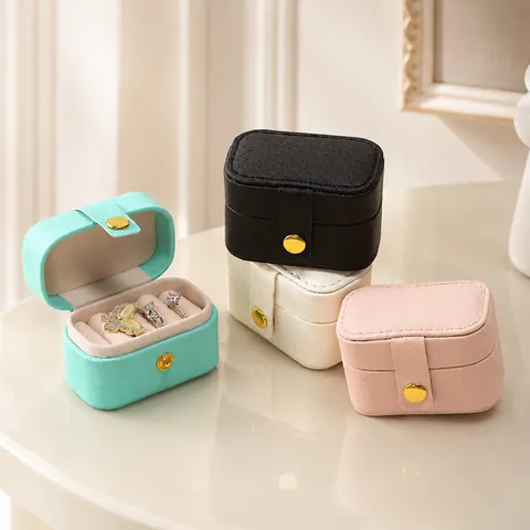 Portable Mini PU Leather Jewelry Box Travel Small Ring Earring Storage Case With Metal Snap Closure Cross-grain Box Organizer