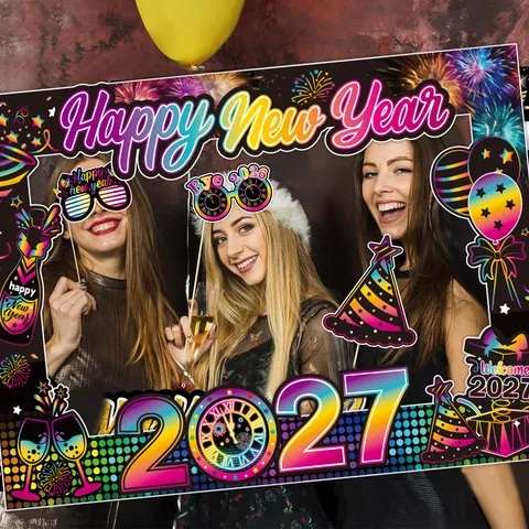 2027 Frohes Neues Jahr Foto Requisiten Set Regenbogen Neon Bedrucktes Papier Bilderrahmen Für Party Dekoration