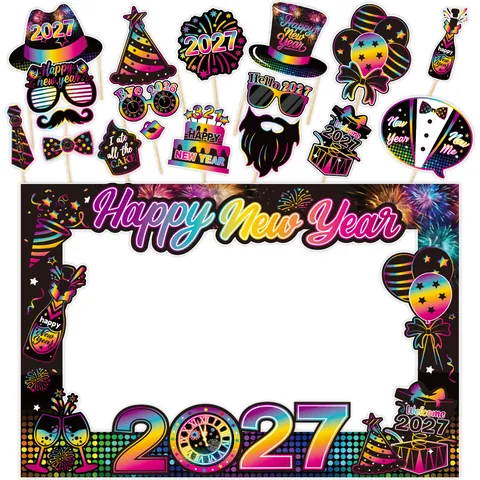 2027 Frohes Neues Jahr Foto Requisiten Set Regenbogen Neon Bedrucktes Papier Bilderrahmen Für Party Dekoration