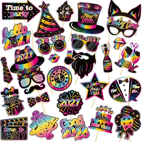 Juego de Accesorios para Fotomatón de Feliz Año Nuevo Gafas de Papel Bigote Sombrero Labios en Palos para Decoraciones