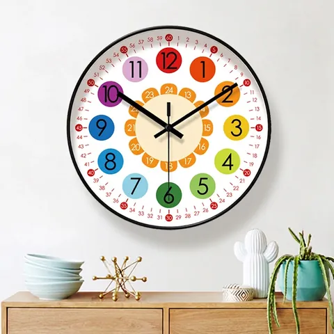 Children Educational Wall Clock Silent Metal Frame Colorful Numbers Teaching Time Learning Clock For Kids Bedroom School Decor