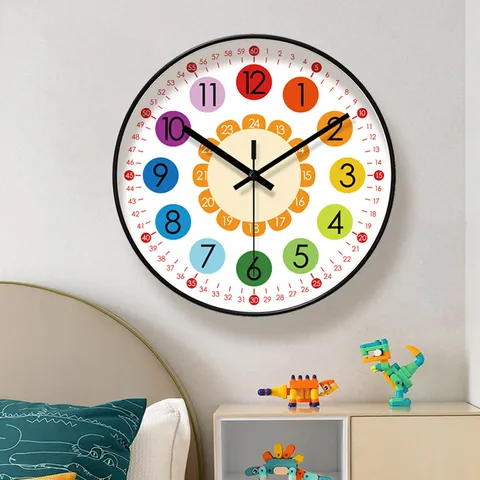 Children Educational Wall Clock Silent Metal Frame Colorful Numbers Teaching Time Learning Clock For Kids Bedroom School Decor