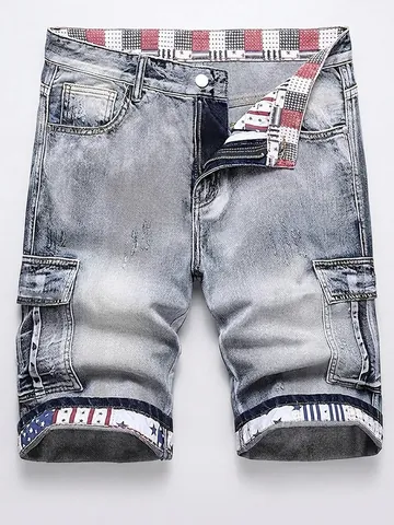 Pantaloncini Cargo in Denim Lavato Retro da Uomo Con Risvolti Stampati a Stelle e Strisce Shorts in Misto Cotone Gamba Dritta Estate