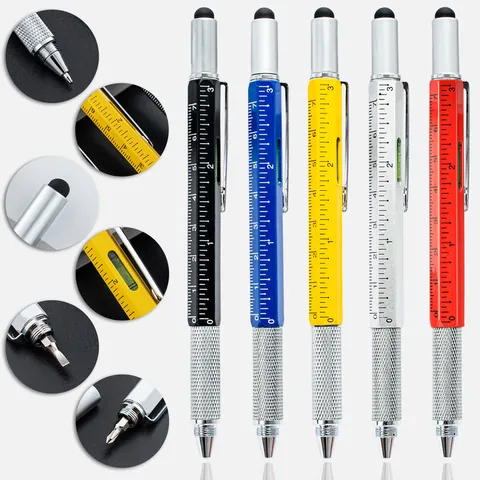 6 In 1 Multi Tool Pen With Ruler Level Stylus Screwdriver Metal Ballpoint Pen For Office School DIY Men Gift