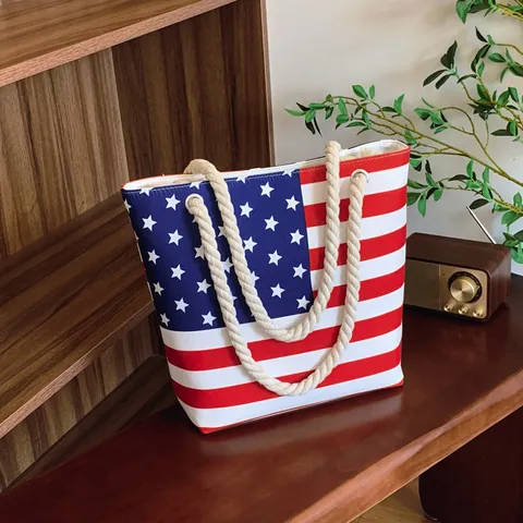 American Flag Canvas Tote Bag With Cotton Rope Handles Large Capacity Stars And Stripes Pattern Shoulder Handbag For Women Travel Beach Shopping Independence Day Gift
