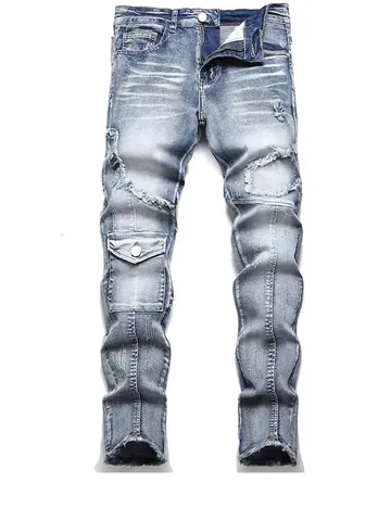 Jeans Cargo da Uomo Retro Biker Strappati Slim Fit Patchwork in Denim Pantaloni Streetwear Elastici Azzurri Cargo