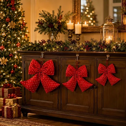 Fiocco di Velluto Rosso Decorazione Natalizia per Albero Grande Griglia Oro Paillettes Pendente per Casa Festa Arredamento
