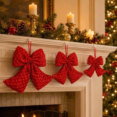 Fiocco di Velluto Rosso Decorazione Natalizia per Albero Grande Griglia Oro Paillettes Pendente per Casa Festa Arredamento