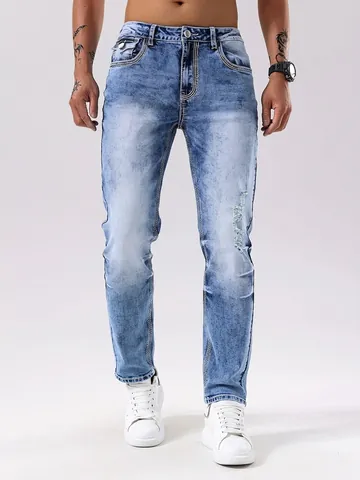 Herren Slim Fit Gewaschene Blaue Jeans Markante Weiße Kontrastnähte Pattentaschen Streetwear Mode Gerade Denim Hose