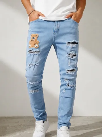 Herren Distressed Slim Fit Teddybär Patch Jeans Hellblau Zerrissene Stretch Denim Hose Streetwear Casual Fashion Hosen