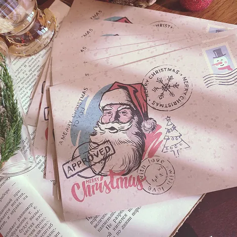 Retro Paper Christmas Greeting Cards And Envelopes Santa Claus Postmark Design For Festive Holiday Vintage Style Greeting