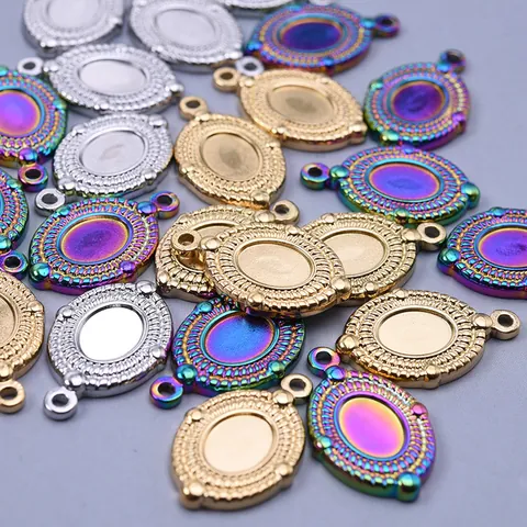 304 Edelstahl Oval Anhänger-Fassung DIY Schmuckzubehör 18K Gold Silber Regenbogen Galvanisiert Cabochon Zubehör