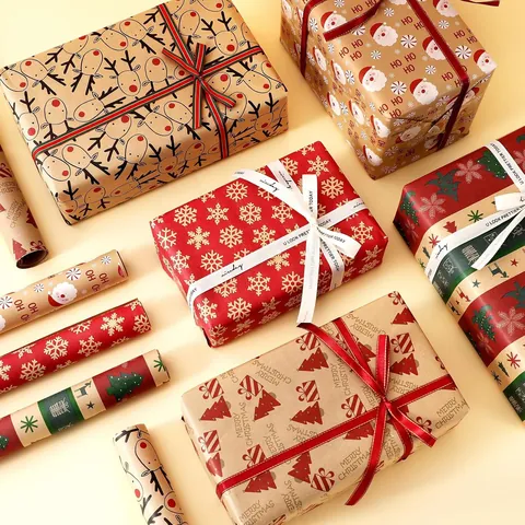 Christmas Gift Wrapping Paper Roll Kraft Paper Reindeer Santa Claus Snowflake Pattern Holiday Party Decorative Packing DIY Retro