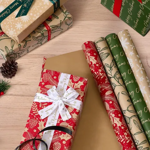 Christmas Gift Wrapping Paper Roll Kraft Paper Reindeer Santa Claus Snowflake Pattern Holiday Party Decorative Packing DIY Retro