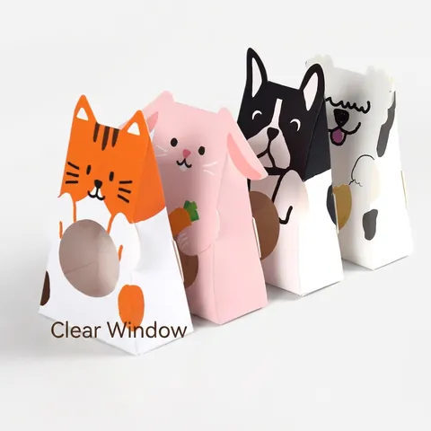 Scatola Regalo in Carta Con Animali Cartone Animato Con Finestra Trasparente Sacchetto Pieghevole Per Caramelle Calzini Festa Gatto Cane Coniglio