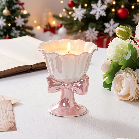 Vintage Bowknot Ceramic Ice Cream Cup Artificial Pearl Glaze Scalloped Edge Dessert Bowl Creative Flower Goblet Mug Home Decoration