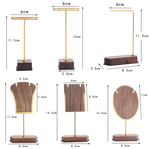 Jewelry Display Stand Solid Walnut Wood Base Metal Brass T-Shaped Earring Holder Necklace Organizer Desktop Countertop