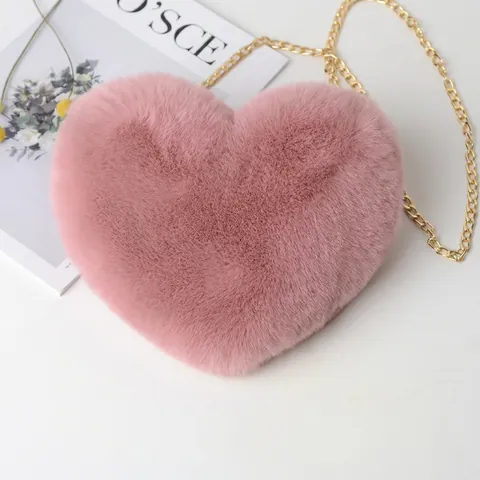 Heart Shaped Plush Crossbody Bag For Women Soft Faux Fur Chain Shoulder Bag Cute Valentine Gift Fashion Accessory