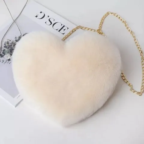 Heart Shaped Plush Crossbody Bag For Women Soft Faux Fur Chain Shoulder Bag Cute Valentine Gift Fashion Accessory