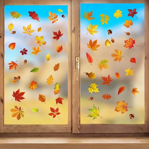Autumn Maple Leaf Window Clings Static PVC Double Sided Thanksgiving Decoration Waterproof Falling Leaves Acorn Decals