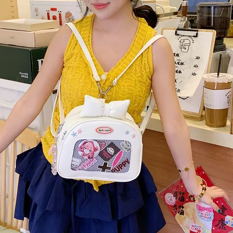 Japanese Kawaii Ita Bag Large Bow Transparent PVC Window PU Leather Crossbody Bag For Women Girls Anime Display Bag