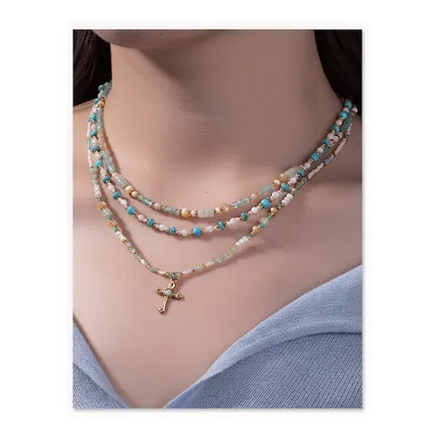 Collana di Perline in Acciaio Inossidabile Conchiglia Naturale Turchese Pendente a Croce Oro Donna Gioielli Boho