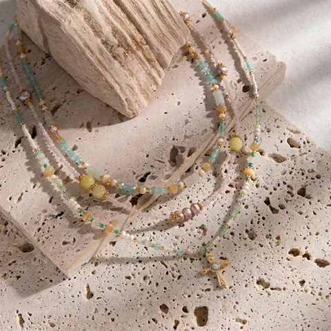 Collana di Perline in Acciaio Inossidabile Conchiglia Naturale Turchese Pendente a Croce Oro Donna Gioielli Boho