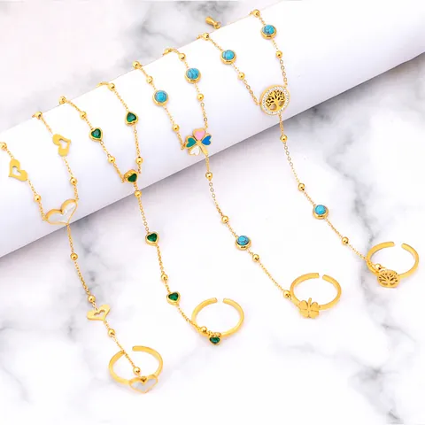 Bracelet Bague en Acier Titane pour Femmes Plaqué Or Cœur Arbre de Vie Trèfle Coquillage Zirconia Bijoux de Main Cadeau