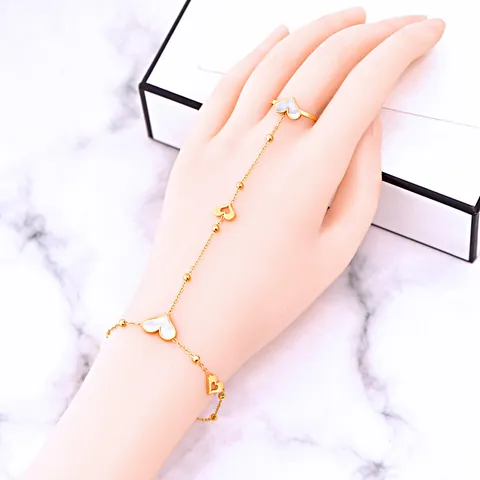 Bracelet Bague en Acier Titane pour Femmes Plaqué Or Cœur Arbre de Vie Trèfle Coquillage Zirconia Bijoux de Main Cadeau