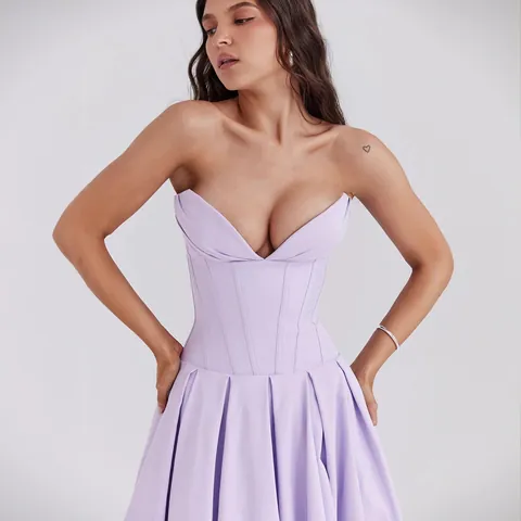 Damen Trägerloses Korsett Midi-Kleid Elegant V-Ausschnitt Plissee Abendkleid Für Hochzeit Party Sexy Polyester A-Linie Kleid