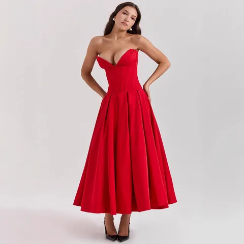 Damen Trägerloses Korsett Midi-Kleid Elegant V-Ausschnitt Plissee Abendkleid Für Hochzeit Party Sexy Polyester A-Linie Kleid