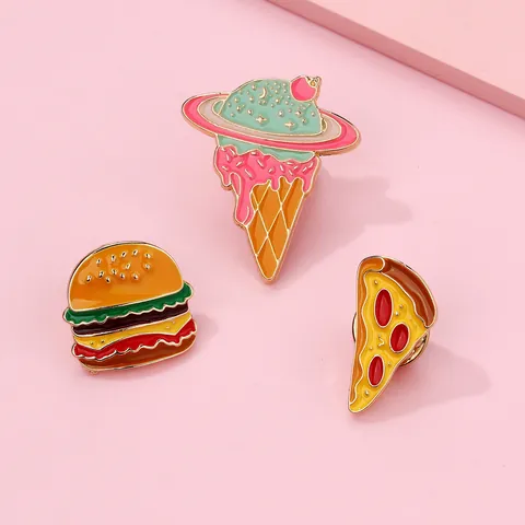 Broche En Émail Mignonne Nourriture Dessin Animé Burger Pizza Et Glace Planète En Alliage Pour Sac À Dos Vêtements Bijoux Cadeau