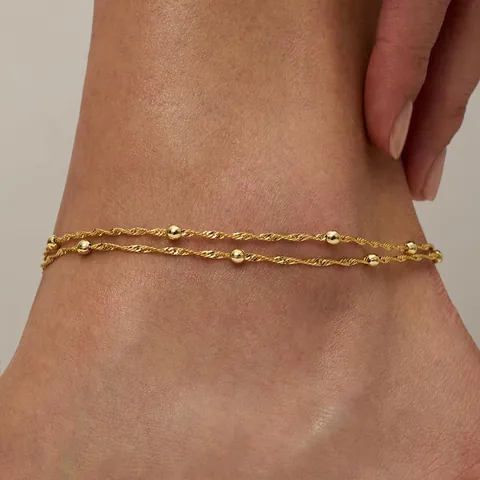 18K Vergoldetes Kupfer Fußkettchen Für Damen Bohemian Mehrlagige Wasserwellen Seilkette Perlen Strand Fußschmuck
