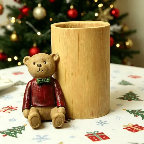 Creative Cartoon Teddy Bear Resin Pen Holder Wood Grain Style Desktop Organizer Pencil Cup Student Office Home Decor Gift