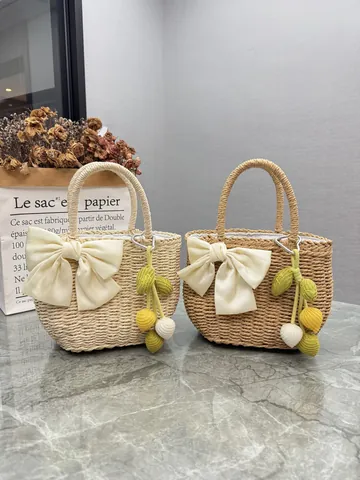 Handgefertigte Gewebte Stroh Handtasche Für Damen Sommer Strand Urlaub Tote Tasche Mit Kordelzug Futter Lässiger Pastoral Stil