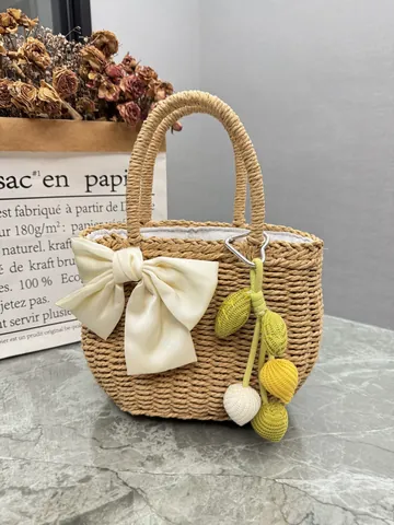 Handgefertigte Gewebte Stroh Handtasche Für Damen Sommer Strand Urlaub Tote Tasche Mit Kordelzug Futter Lässiger Pastoral Stil