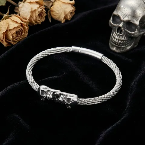 Punk Stainless Steel Cable Wire Bracelet For Men Twisted Bangle With Skull Crown Magnetic Clasp Gothic Jewelry