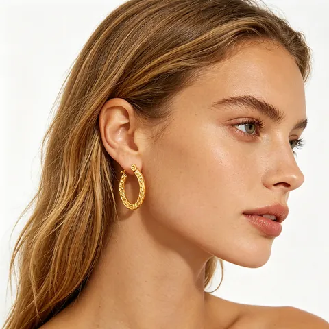 Pendientes De Aro Ovalados Chapados En Oro De 18 Quilates Acero Inoxidable Textura Martillada Vintage Elegante Para Mujer