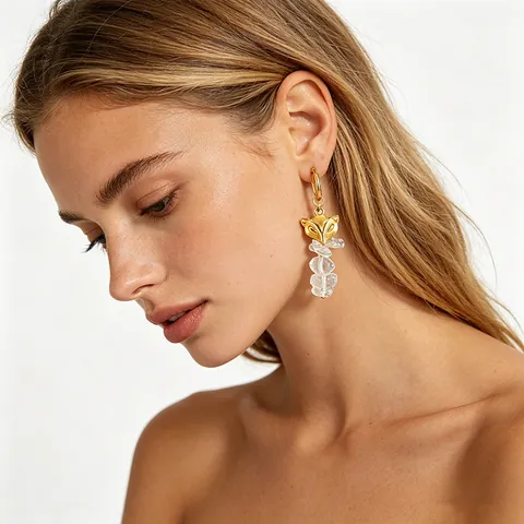 Pendientes De Aro Con Colgante De Cabeza De Zorro Acero Inoxidable Chapado En Oro De 18K Con Cuentas De Piedra Natural