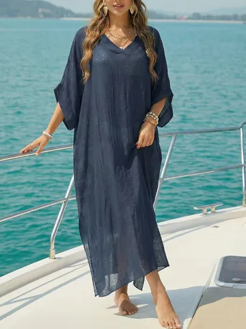 Women V Neck Loose Beach Cover Up Kaftan Dress Side Split Batwing Sleeve Polyester Resort Wear Long Swimsuit Coverup