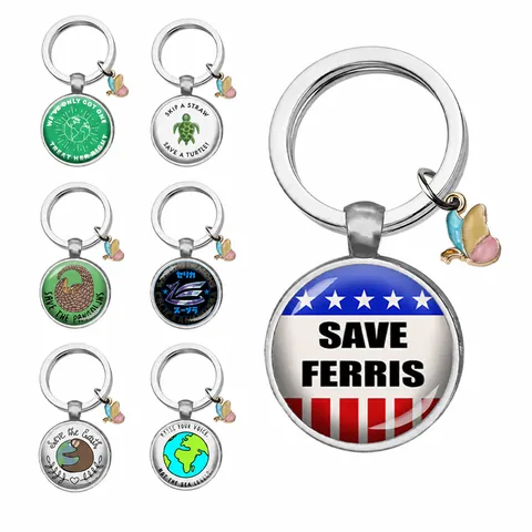 Stainless Steel Keychain Environmental Protection Save The Bees Earth Turtles Glass Dome Pendant Enamel Butterfly Charm