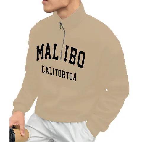 Felpa Casual da Uomo con Mezza Zip Stampa Malibu Collo Rialzato Spalla Cadente Pullover in Stile Vintage per Uomo Streetwear