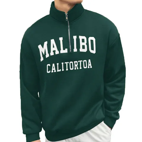 Felpa Casual da Uomo con Mezza Zip Stampa Malibu Collo Rialzato Spalla Cadente Pullover in Stile Vintage per Uomo Streetwear