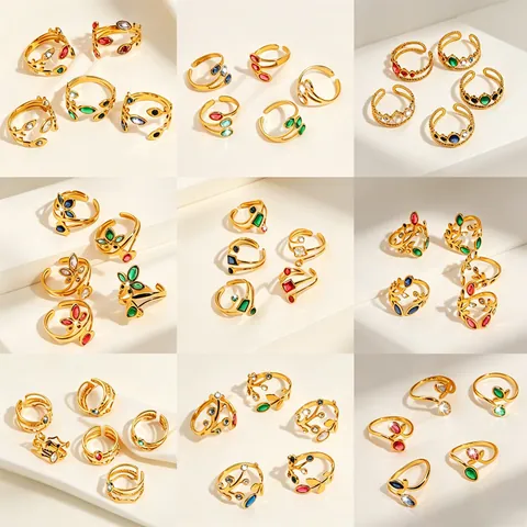 Fashion Titanium Steel Adjustable Open Ring For Women Vintage Gold Plated Rhinestone Butterfly Wheat Ear Flower Heart Crown Finger Jewelry