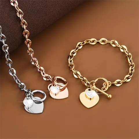 Bracciale In Acciaio Inossidabile Con Pendente Doppiocuore E Zirconi Chiusura A Barra Catena A Maglie Gioielli Donna
